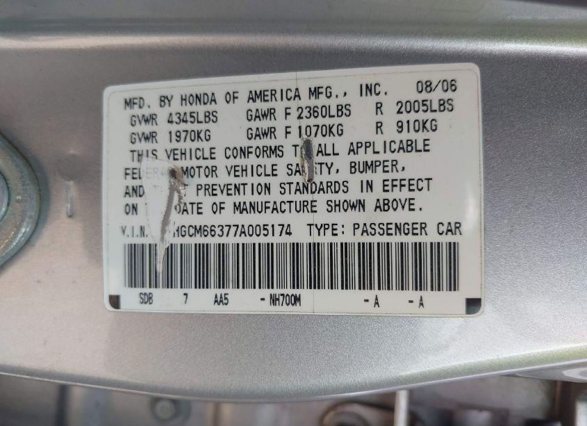 Photo 9 of 2007 Honda Accord 3.0 LX (VIN 1HGCM66377A005174)