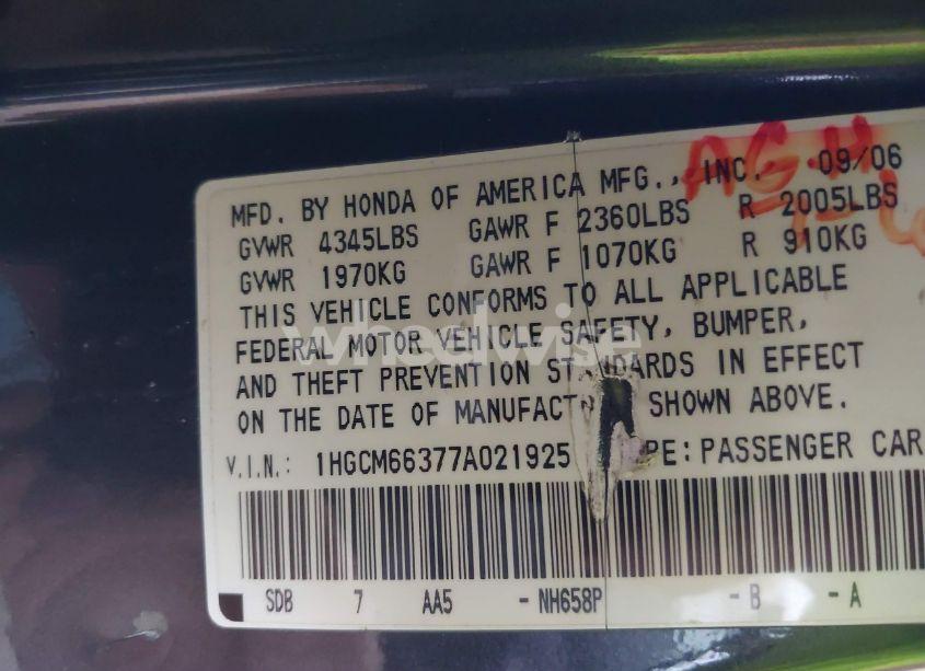 Photo 9 of 2007 Honda Accord 3.0 LX (VIN 1HGCM66377A021925)