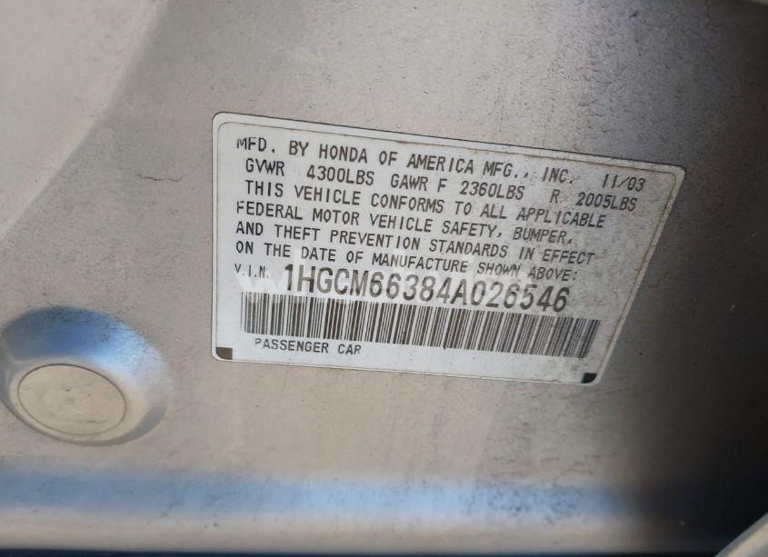 Photo 9 of 2004 Honda Accord 3.0 LX (VIN 1HGCM66384A026546)