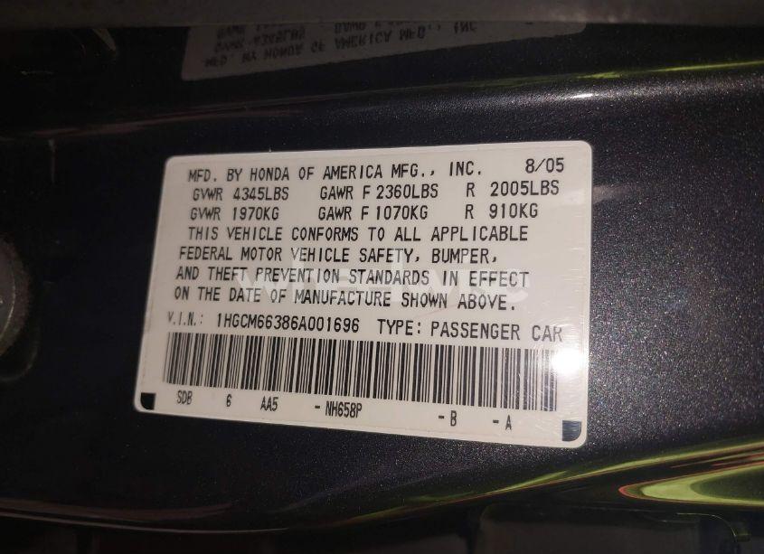 Photo 9 of 2006 Honda Accord 3.0 LX (VIN 1HGCM66386A001696)