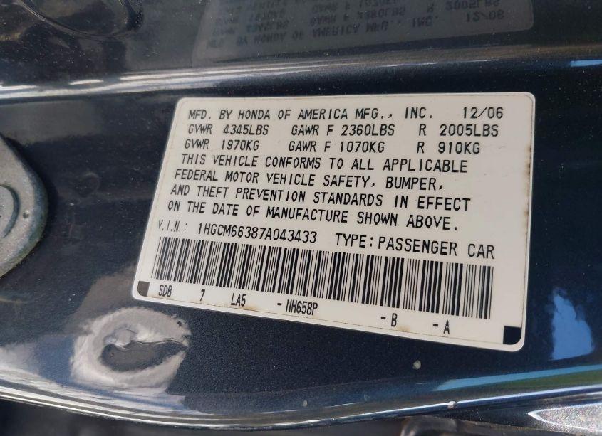 Photo 9 of 2007 Honda Accord 3.0 LX (VIN 1HGCM66387A043433)