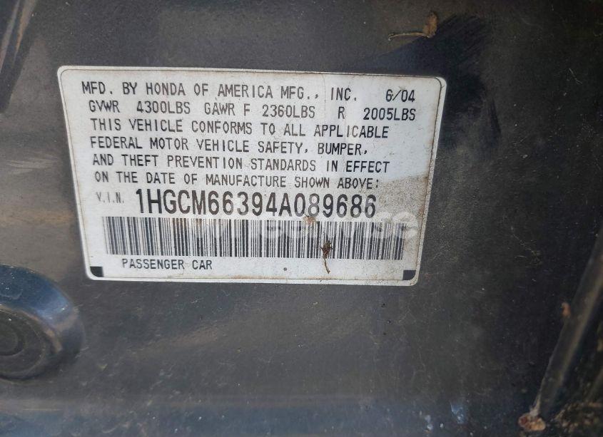 Photo 9 of 2004 Honda Accord 3.0 LX (VIN 1HGCM66394A089686)