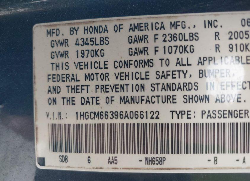 Photo 9 of 2006 Honda Accord 3.0 LX (VIN 1HGCM66396A066122)