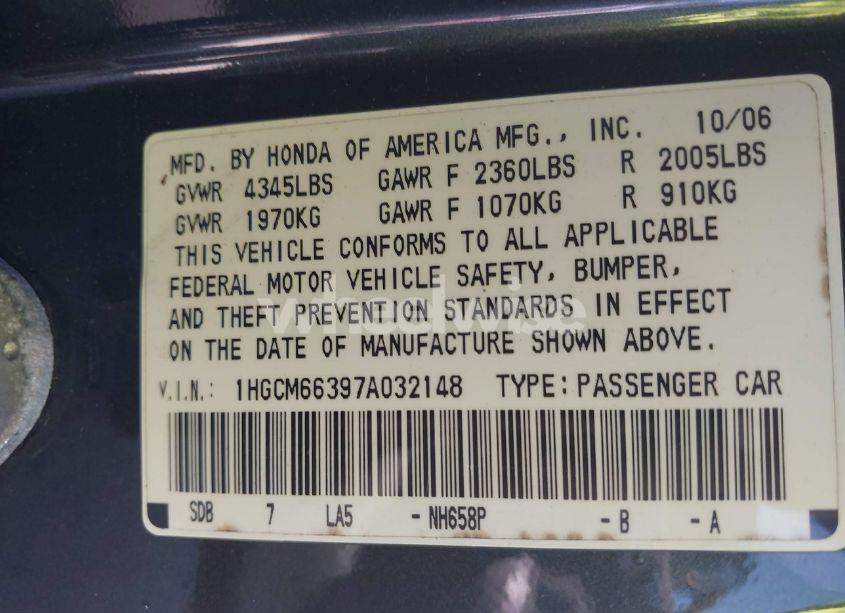 Photo 9 of 2007 Honda Accord 3.0 LX (VIN 1HGCM66397A032148)