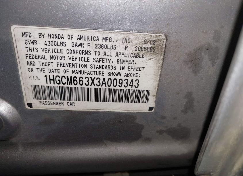 Photo 9 of 2003 Honda Accord 3.0 LX (VIN 1HGCM663X3A009343)