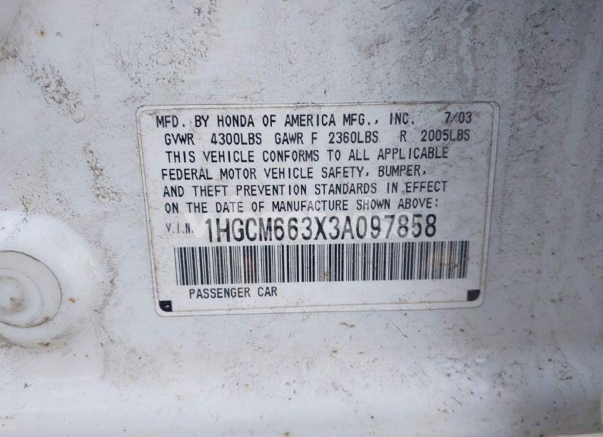 Photo 9 of 2003 Honda Accord 3.0 LX (VIN 1HGCM663X3A097858)