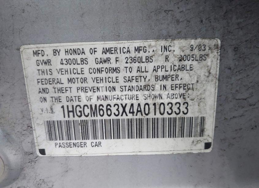 Photo 9 of 2004 Honda Accord 3.0 LX (VIN 1HGCM663X4A010333)