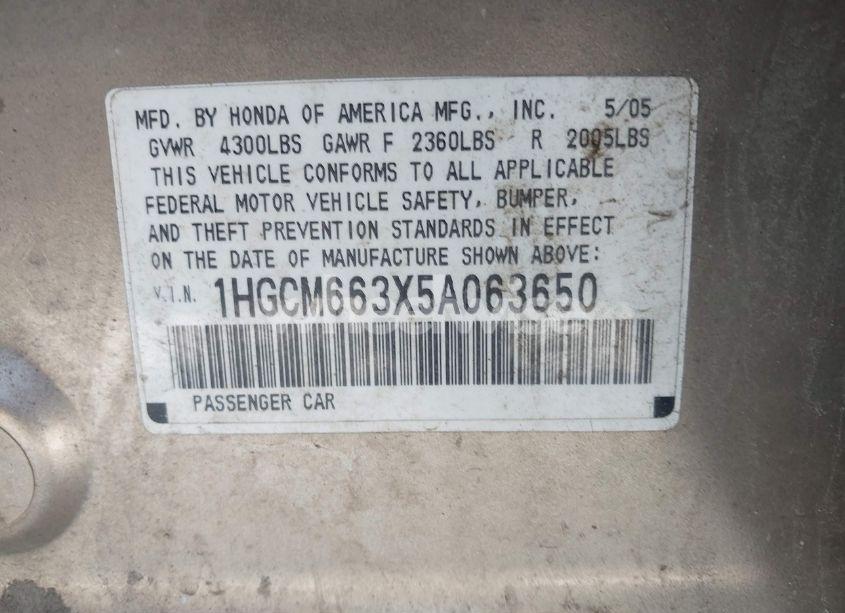 Photo 9 of 2005 Honda Accord 3.0 LX (VIN 1HGCM663X5A063650)