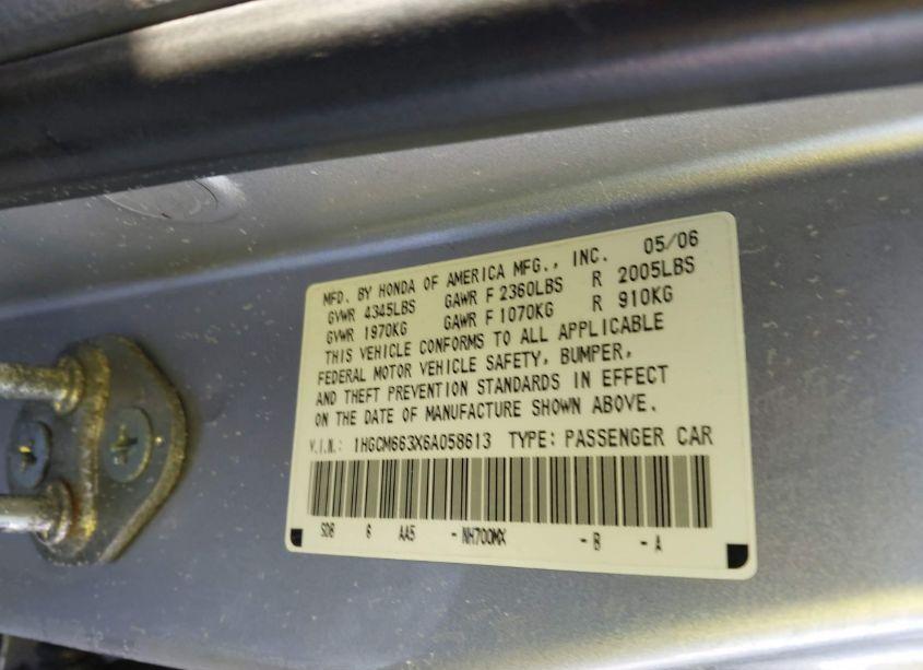 Photo 9 of 2006 Honda Accord 3.0 LX (VIN 1HGCM663X6A058613)