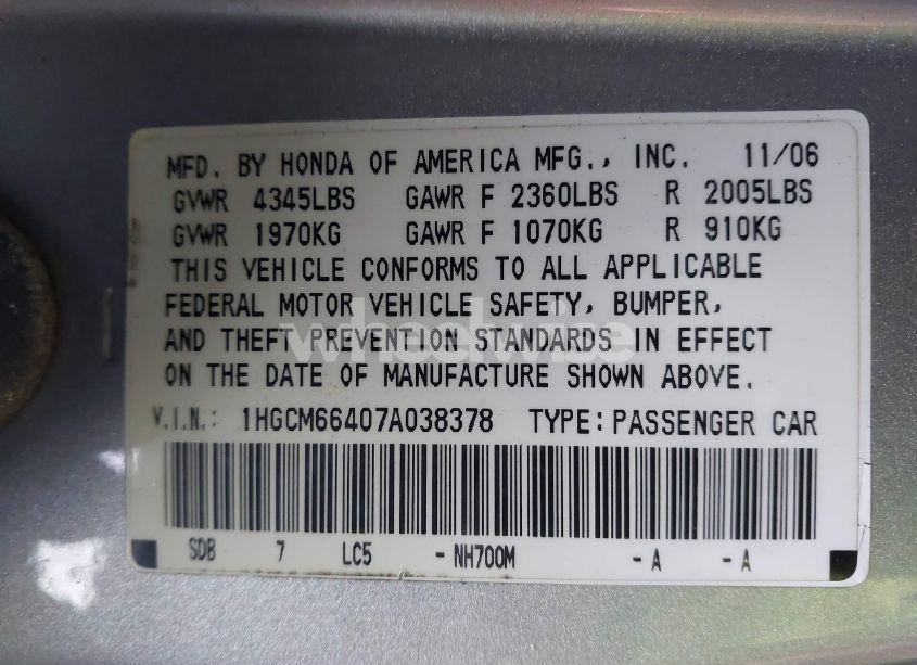 Photo 9 of 2007 Honda Accord 3.0 SE (VIN 1HGCM66407A038378)