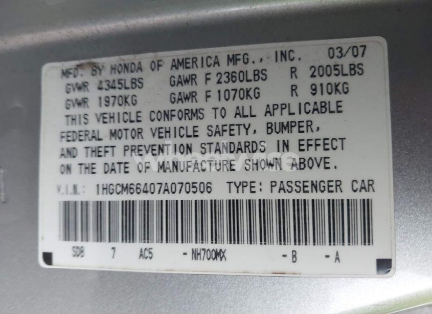 Photo 9 of 2007 Honda Accord 3.0 SE (VIN 1HGCM66407A070506)