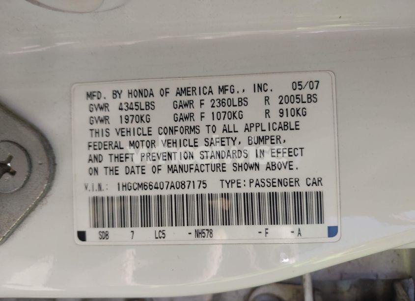Photo 9 of 2007 Honda Accord 3.0 SE (VIN 1HGCM66407A087175)