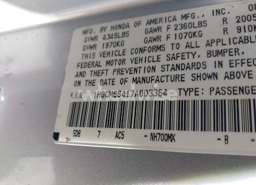 Photo 9 of 2007 Honda Accord 3.0 SE (VIN 1HGCM66417A003364)