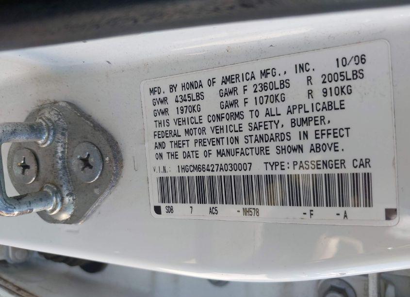 Photo 9 of 2007 Honda Accord 3.0 SE (VIN 1HGCM66427A030007)