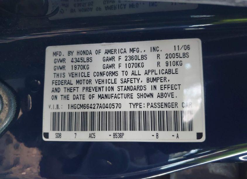 Photo 9 of 2007 Honda Accord 3.0 SE (VIN 1HGCM66427A040570)