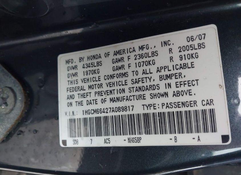 Photo 9 of 2007 Honda Accord 3.0 SE (VIN 1HGCM66427A089817)