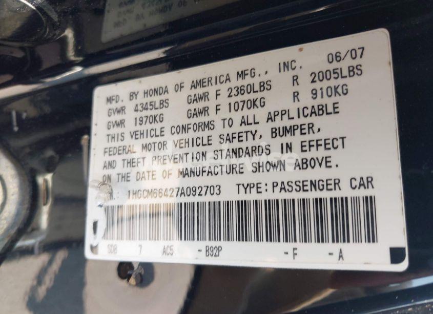 Photo 9 of 2007 Honda Accord 3.0 SE (VIN 1HGCM66427A092703)