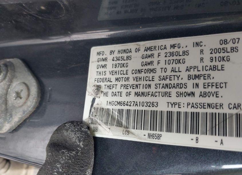 Photo 9 of 2007 Honda Accord 3.0 SE (VIN 1HGCM66427A103263)