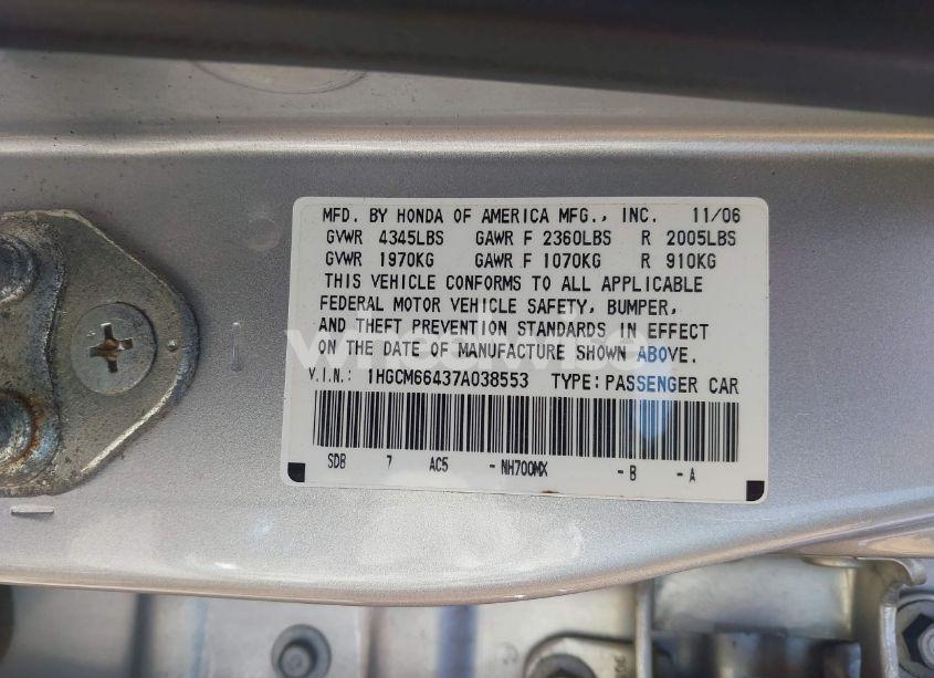 Photo 9 of 2007 Honda Accord 3.0 SE (VIN 1HGCM66437A038553)