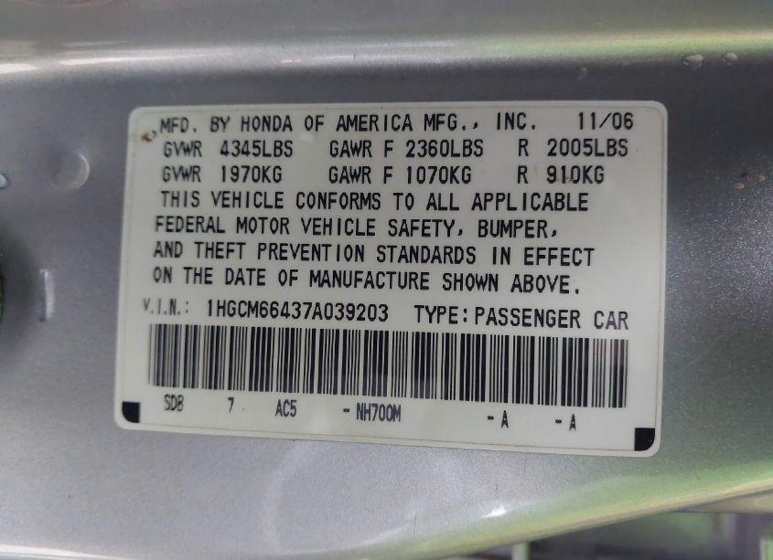 Photo 9 of 2007 Honda Accord 3.0 SE (VIN 1HGCM66437A039203)