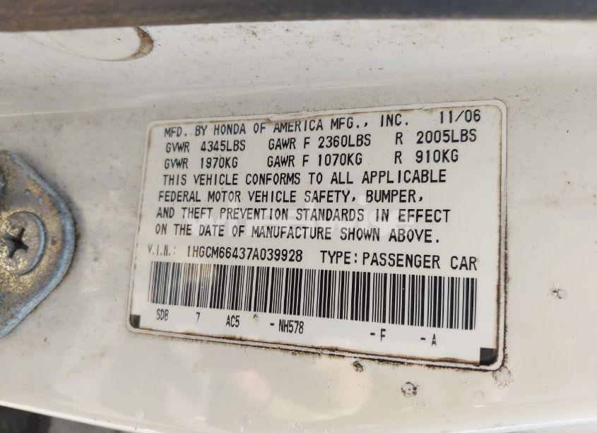Photo 9 of 2007 Honda Accord 3.0 SE (VIN 1HGCM66437A039928)