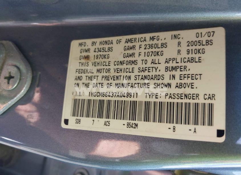 Photo 9 of 2007 Honda Accord 3.0 SE (VIN 1HGCM66437A049911)