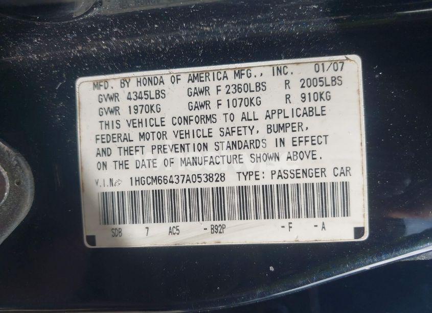 Photo 9 of 2007 Honda Accord 3.0 SE (VIN 1HGCM66437A053828)