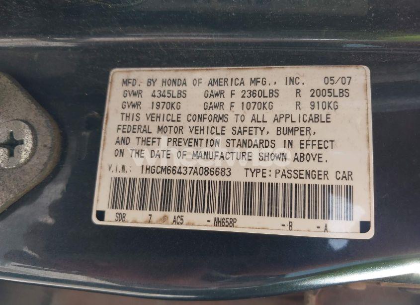 Photo 9 of 2007 Honda Accord 3.0 SE (VIN 1HGCM66437A086683)