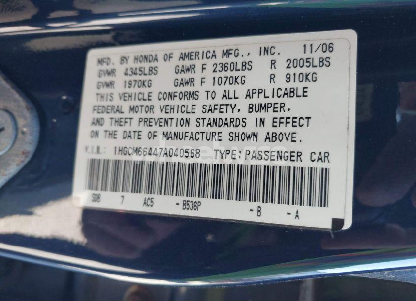 Photo 9 of 2007 Honda Accord 3.0 SE (VIN 1HGCM66447A040568)