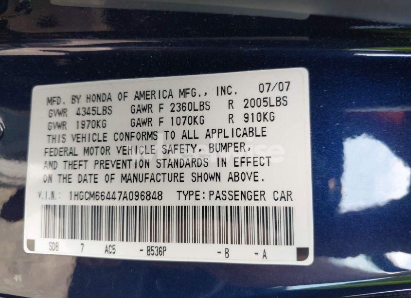 Photo 9 of 2007 Honda Accord 3.0 SE (VIN 1HGCM66447A096848)