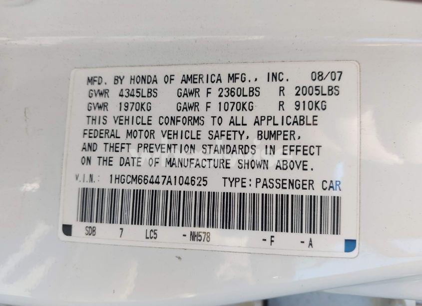 Photo 9 of 2007 Honda Accord 3.0 SE (VIN 1HGCM66447A104625)