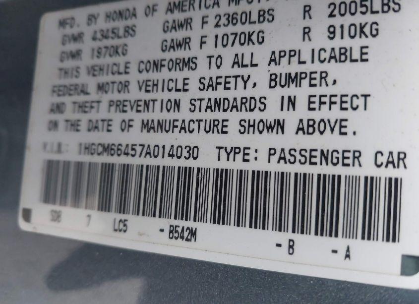 Photo 9 of 2007 Honda Accord 3.0 SE (VIN 1HGCM66457A014030)