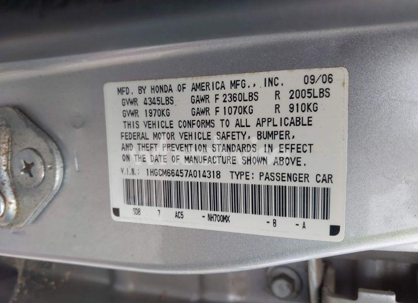 Photo 9 of 2007 Honda Accord 3.0 SE (VIN 1HGCM66457A014318)