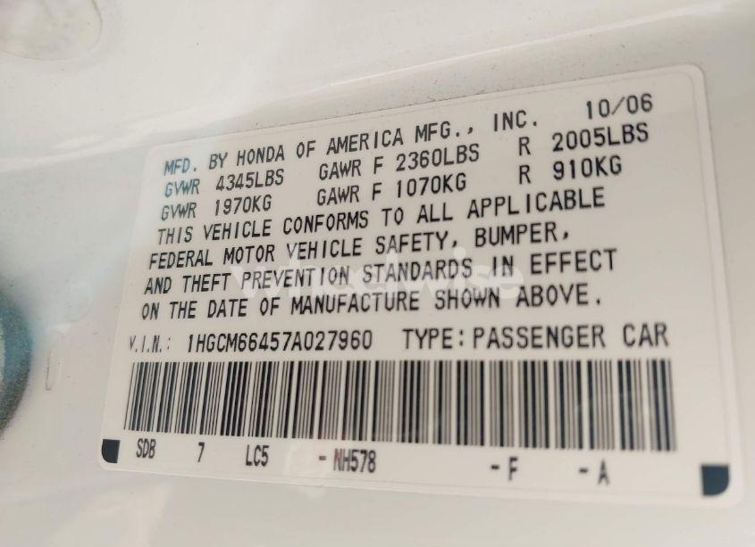 Photo 9 of 2007 Honda Accord 3.0 SE (VIN 1HGCM66457A027960)