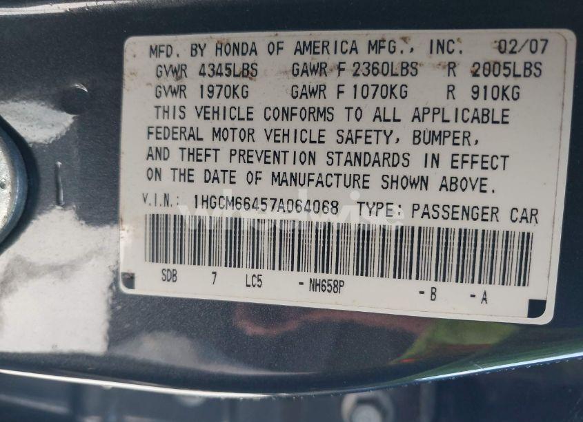 Photo 9 of 2007 Honda Accord 3.0 SE (VIN 1HGCM66457A064068)