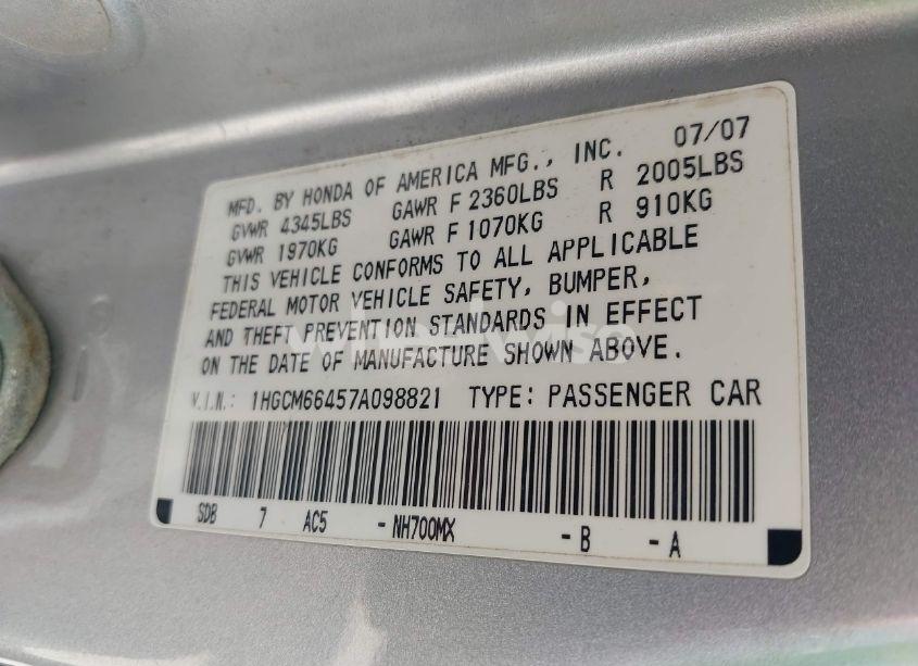 Photo 9 of 2007 Honda Accord 3.0 SE (VIN 1HGCM66457A098821)