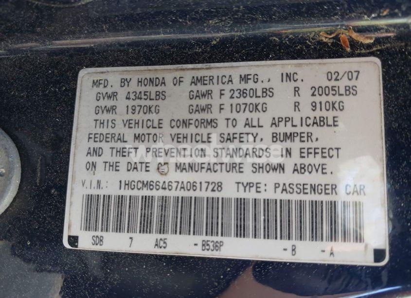 Photo 9 of 2007 Honda Accord 3.0 SE (VIN 1HGCM66467A061728)