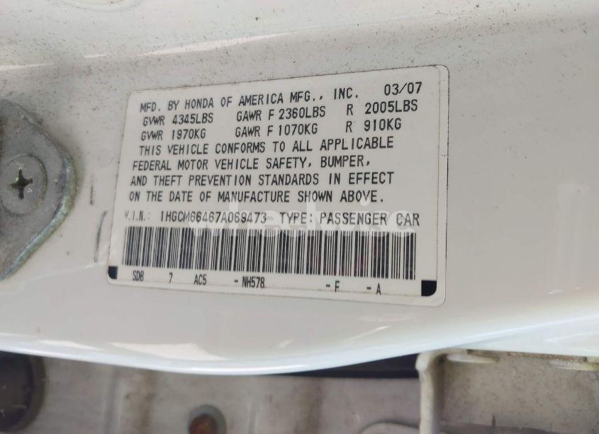 Photo 9 of 2007 Honda Accord SDN LX SE (VIN 1HGCM66467A069473)