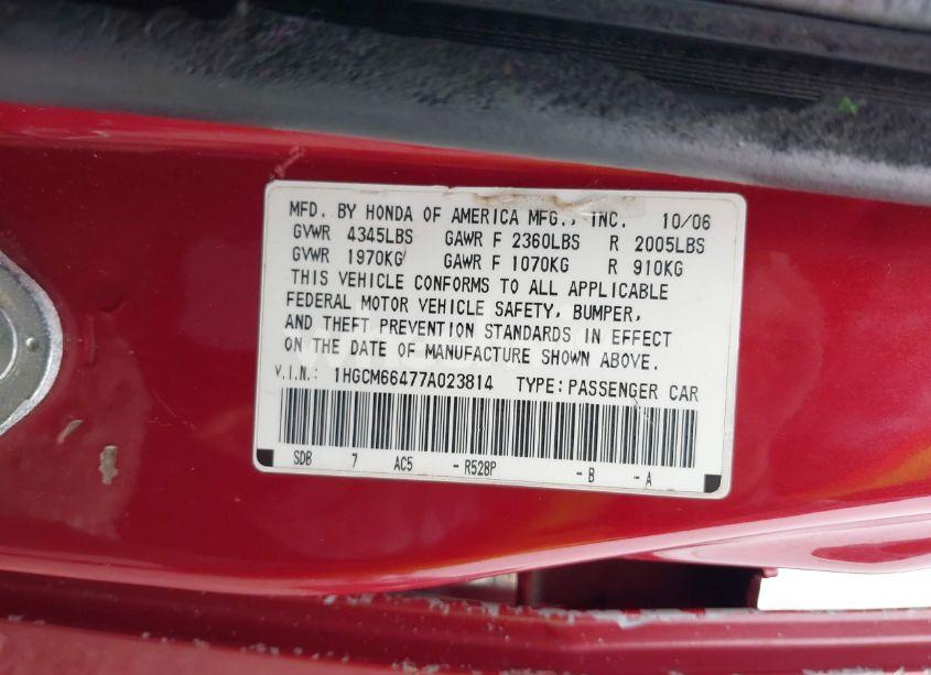 Photo 9 of 2007 Honda Accord 3.0 SE (VIN 1HGCM66477A023814)