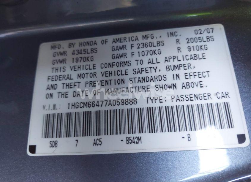 Photo 9 of 2007 Honda Accord 3.0 SE (VIN 1HGCM66477A059888)