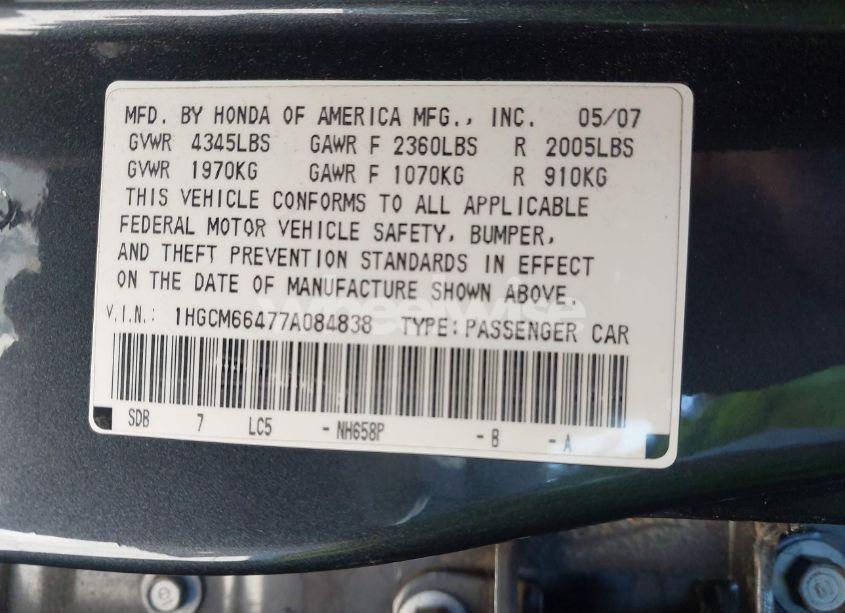 Photo 9 of 2007 Honda Accord 3.0 SE (VIN 1HGCM66477A084838)