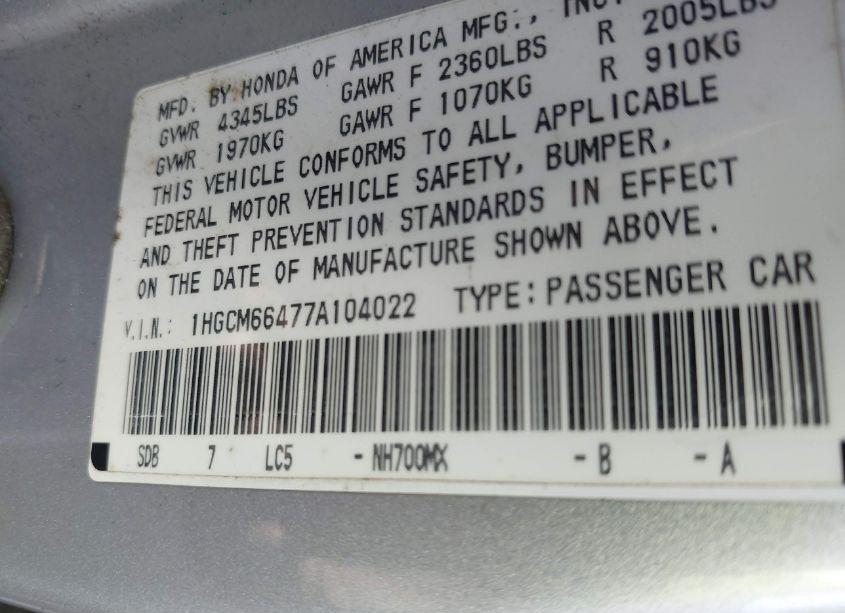 Photo 9 of 2007 Honda Accord 3.0 SE (VIN 1HGCM66477A104022)
