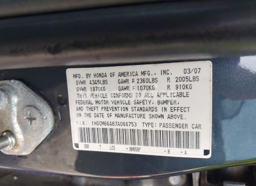 Photo 9 of 2007 Honda Accord 3.0 SE (VIN 1HGCM66487A066753)