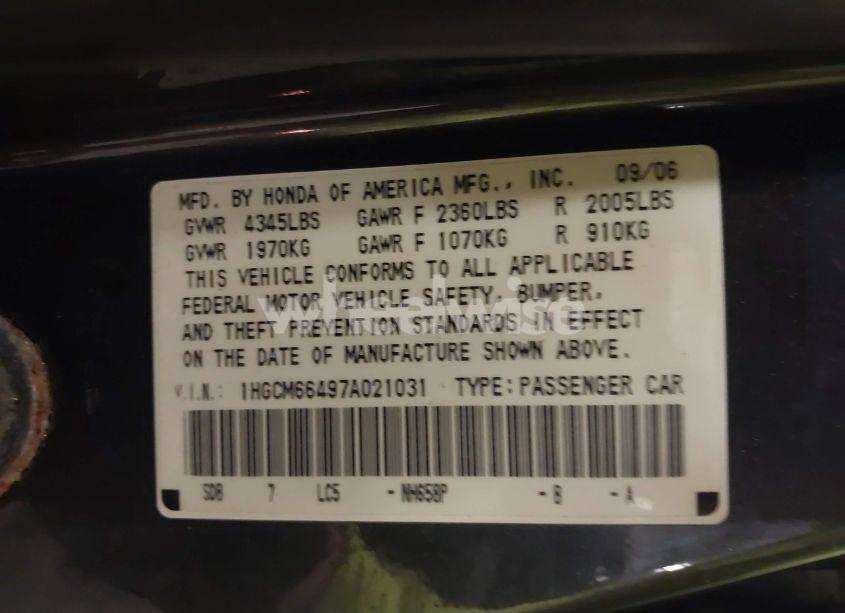 Photo 9 of 2007 Honda Accord 3.0 SE (VIN 1HGCM66497A021031)