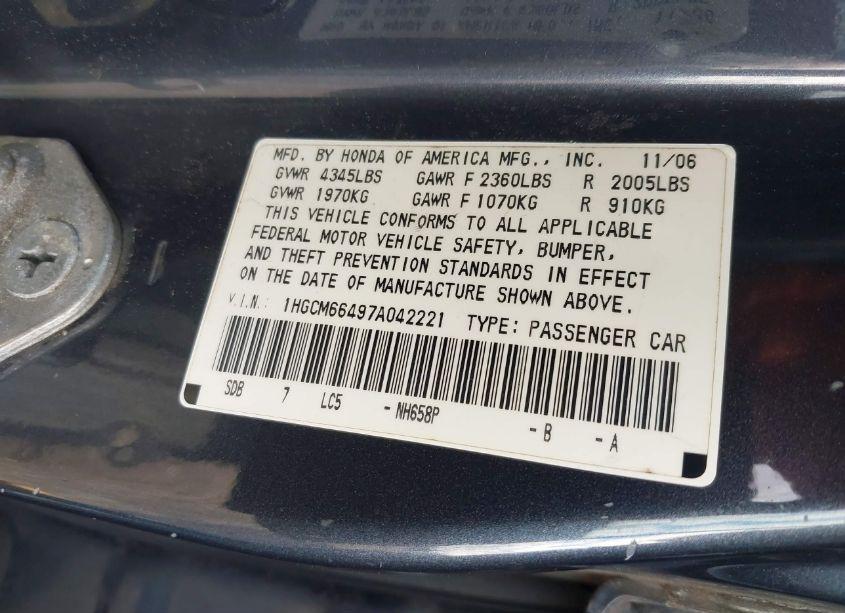 Photo 9 of 2007 Honda Accord 3.0 SE (VIN 1HGCM66497A042221)