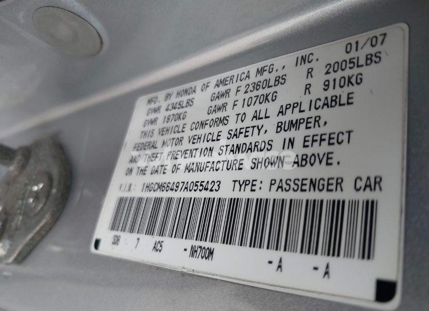 Photo 9 of 2007 Honda Accord 3.0 SE (VIN 1HGCM66497A055423)
