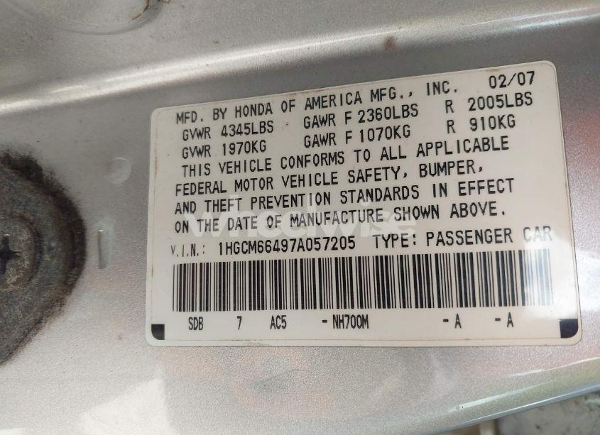 Photo 9 of 2007 Honda Accord 3.0 SE (VIN 1HGCM66497A057205)
