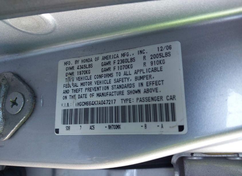 Photo 9 of 2007 Honda Accord 3.0 SE (VIN 1HGCM664X7A047217)
