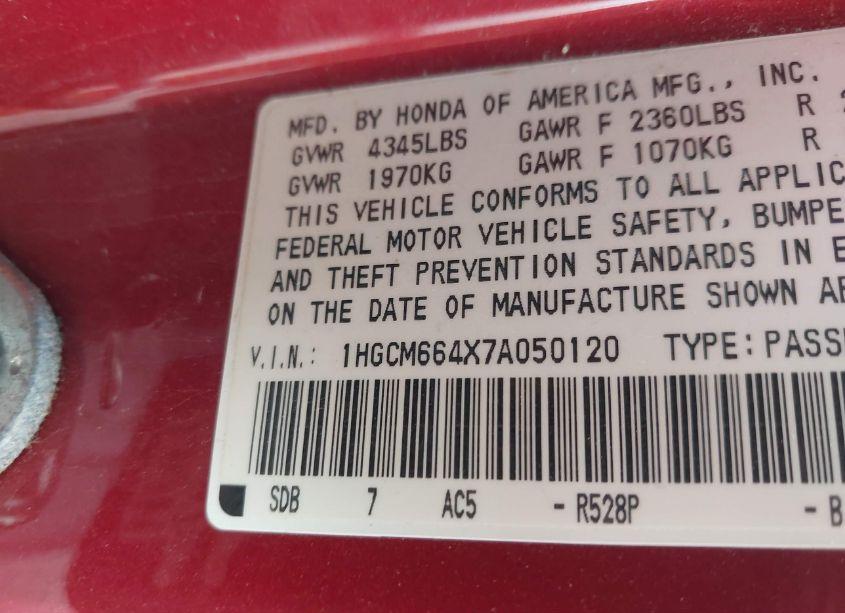 Photo 9 of 2007 Honda Accord 3.0 SE (VIN 1HGCM664X7A050120)