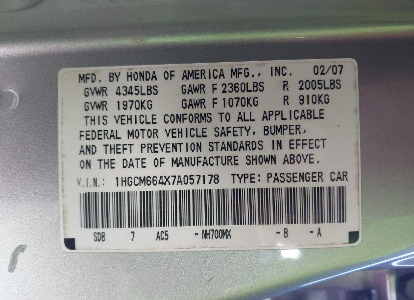 Photo 9 of 2007 Honda Accord 3.0 SE (VIN 1HGCM664X7A057178)